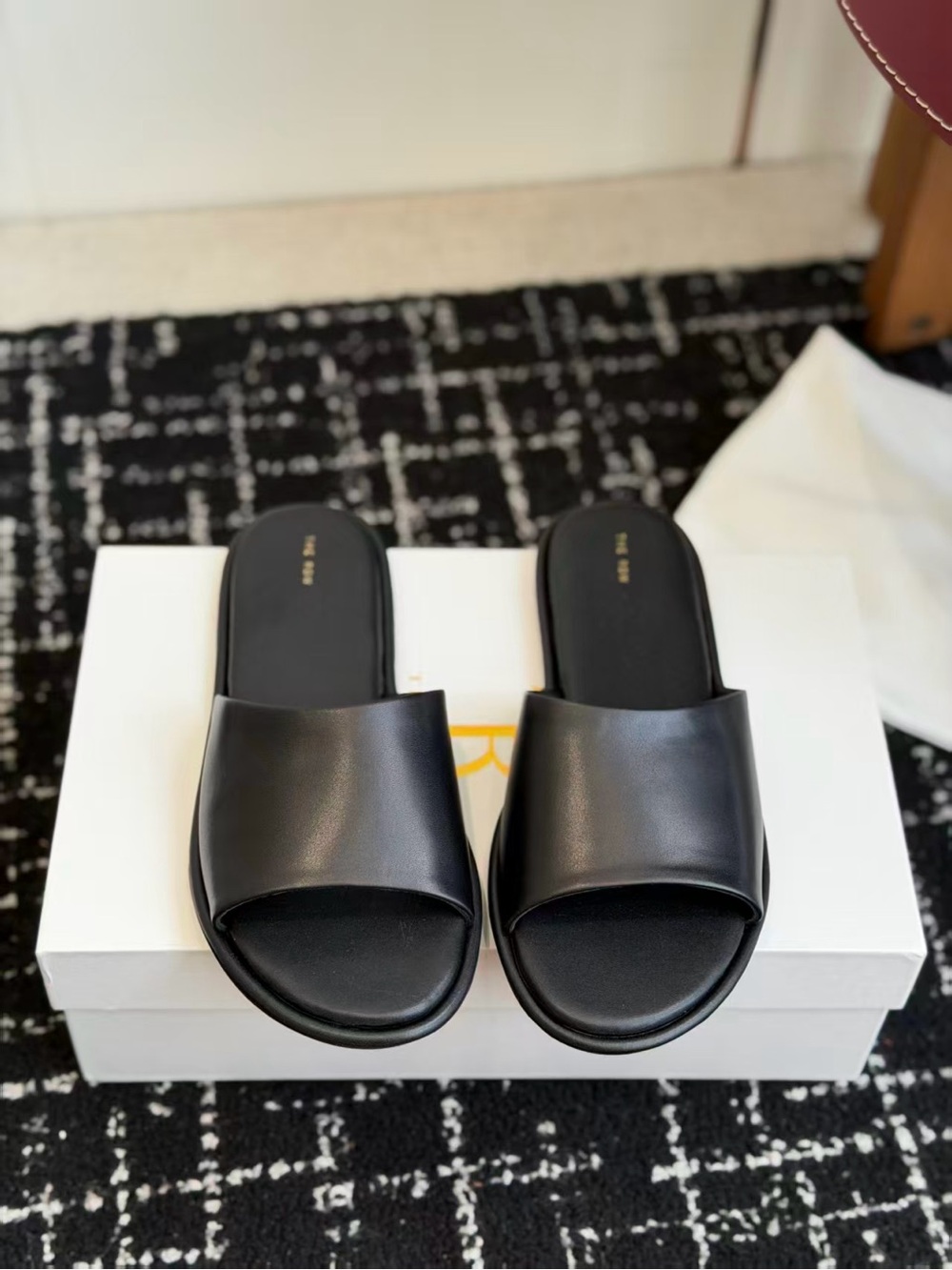 The Row Black Leather Slide Mules
